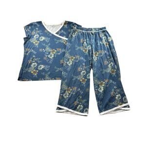 Garnet Hill Floral Asian Wrap Pajama Set S Organic Cotton Matching Sleepwear